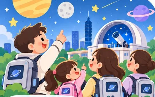 一家人背著太空背包,在天文館前指著滿天星星